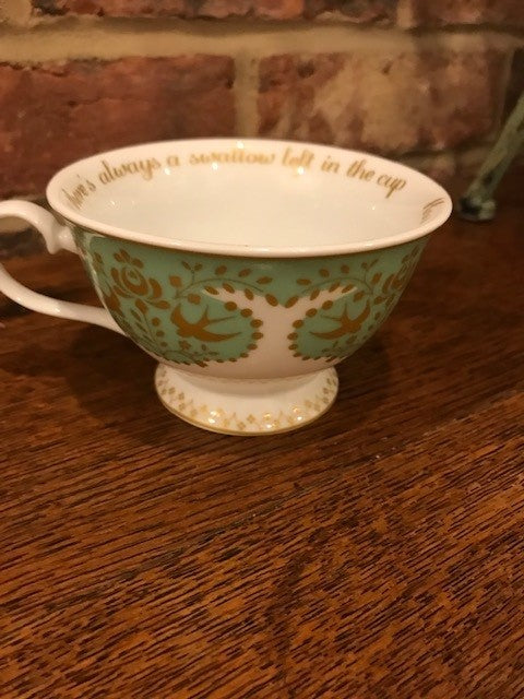 Green and White Swallows Tea Cup and Saucer