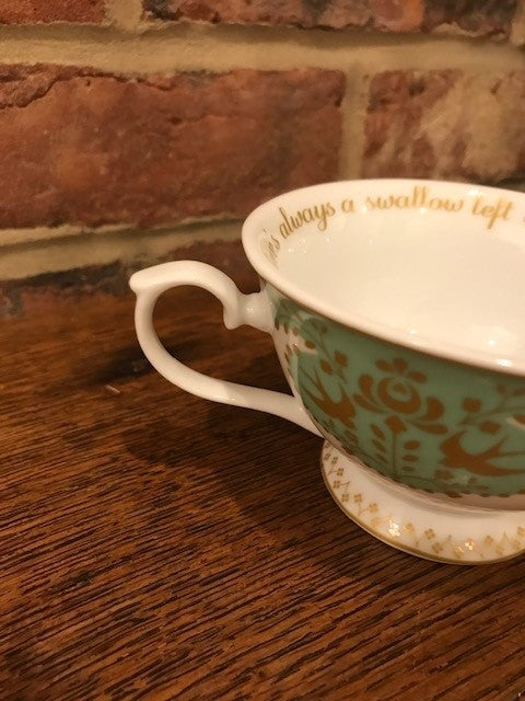 Green and White Swallows Tea Cup and Saucer