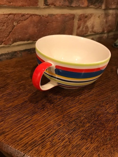 Whittards blue, red and green stripey cup and saucer