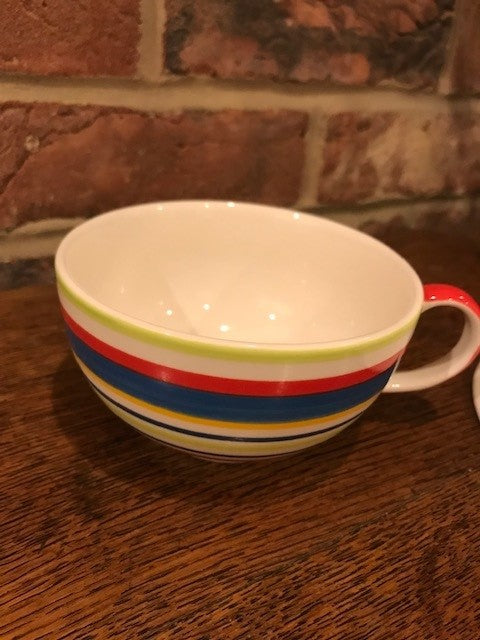 Whittards blue, red and green stripey cup and saucer