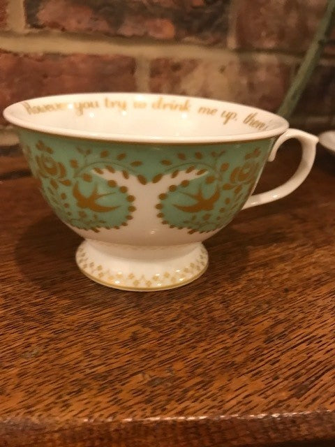 Green and White Swallows Tea Cup and Saucer