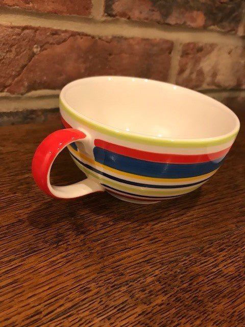 Whittards blue, red and green stripey cup and saucer