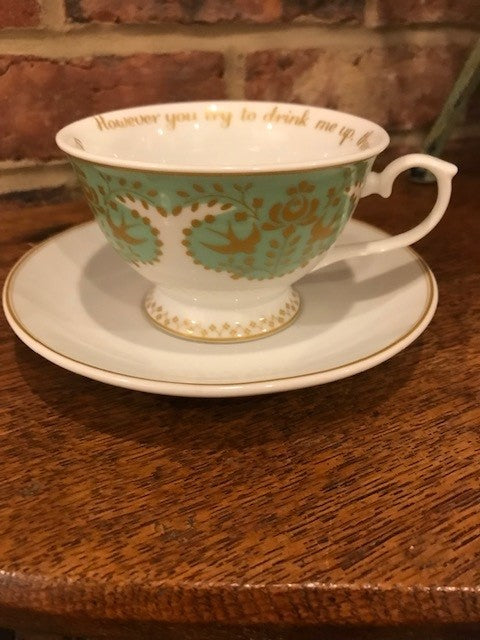 Green and White Swallows Tea Cup and Saucer