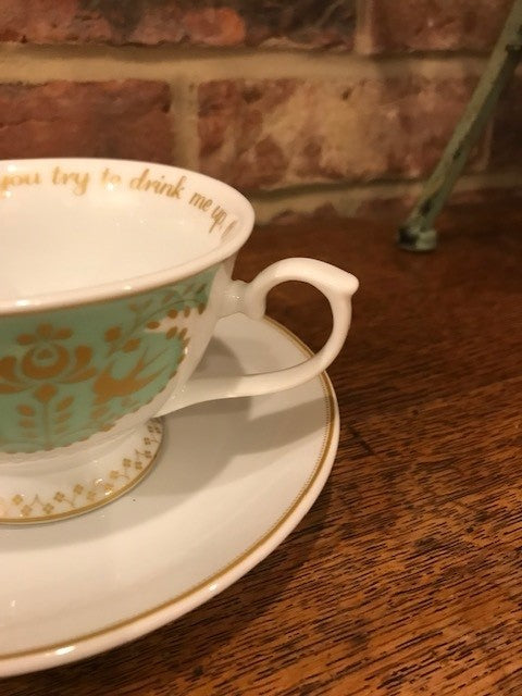 Green and White Swallows Tea Cup and Saucer