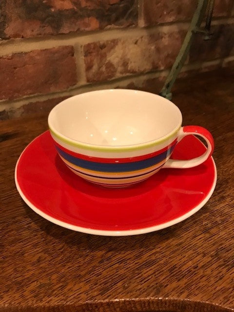 Whittards blue, red and green stripey cup and saucer