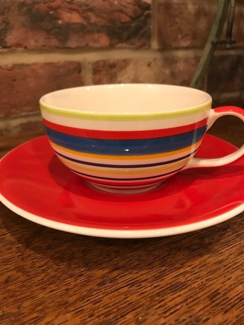 Whittards blue, red and green stripey cup and saucer