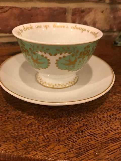 Green and White Swallows Tea Cup and Saucer