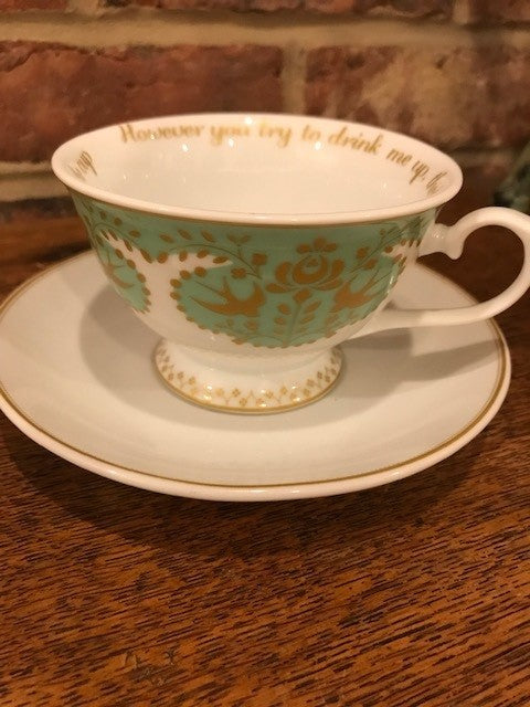 Green and White Swallows Tea Cup and Saucer