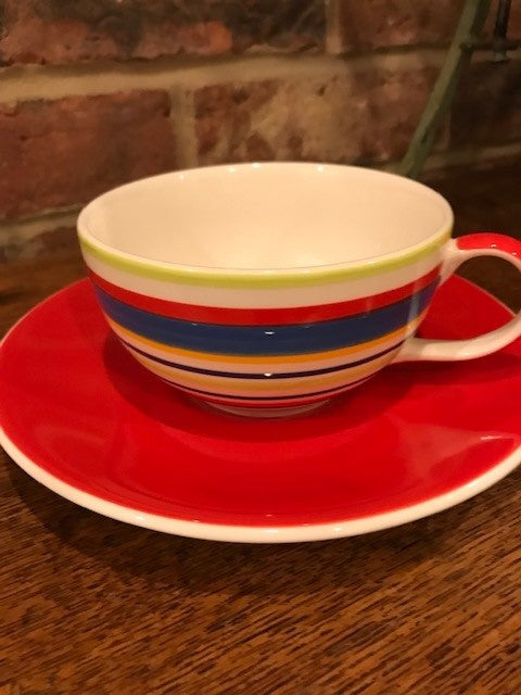 Whittards blue, red and green stripey cup and saucer